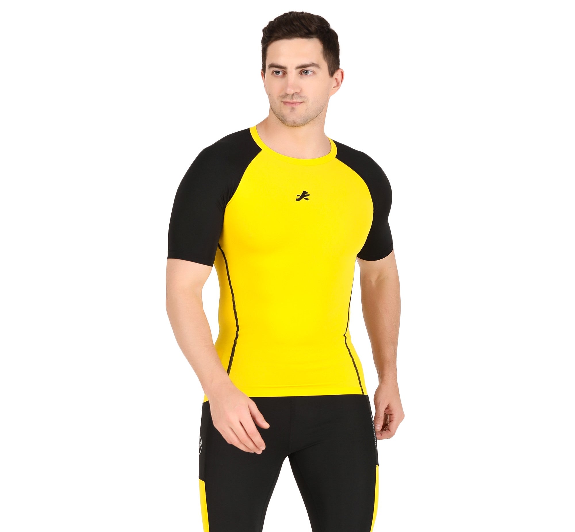 Men's Nylon Compression Tshirt Half Sleeve Tights (Yellow/Black)