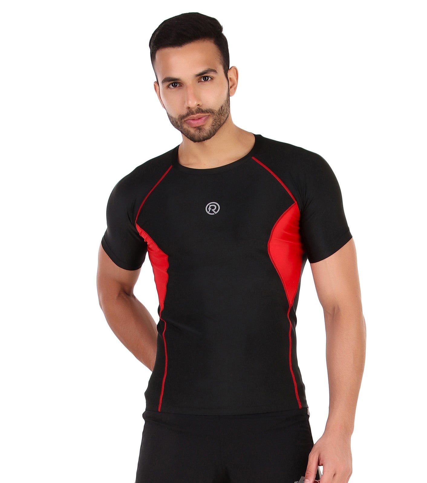Men's Polyester Compression Tshirt Half Sleeve (Black/Red)