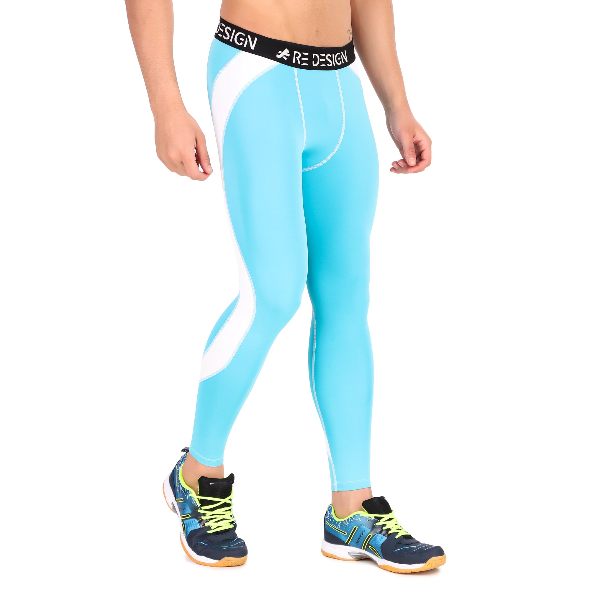 Men's Polyester Compression Pant and Full Tights (Aqua/White)