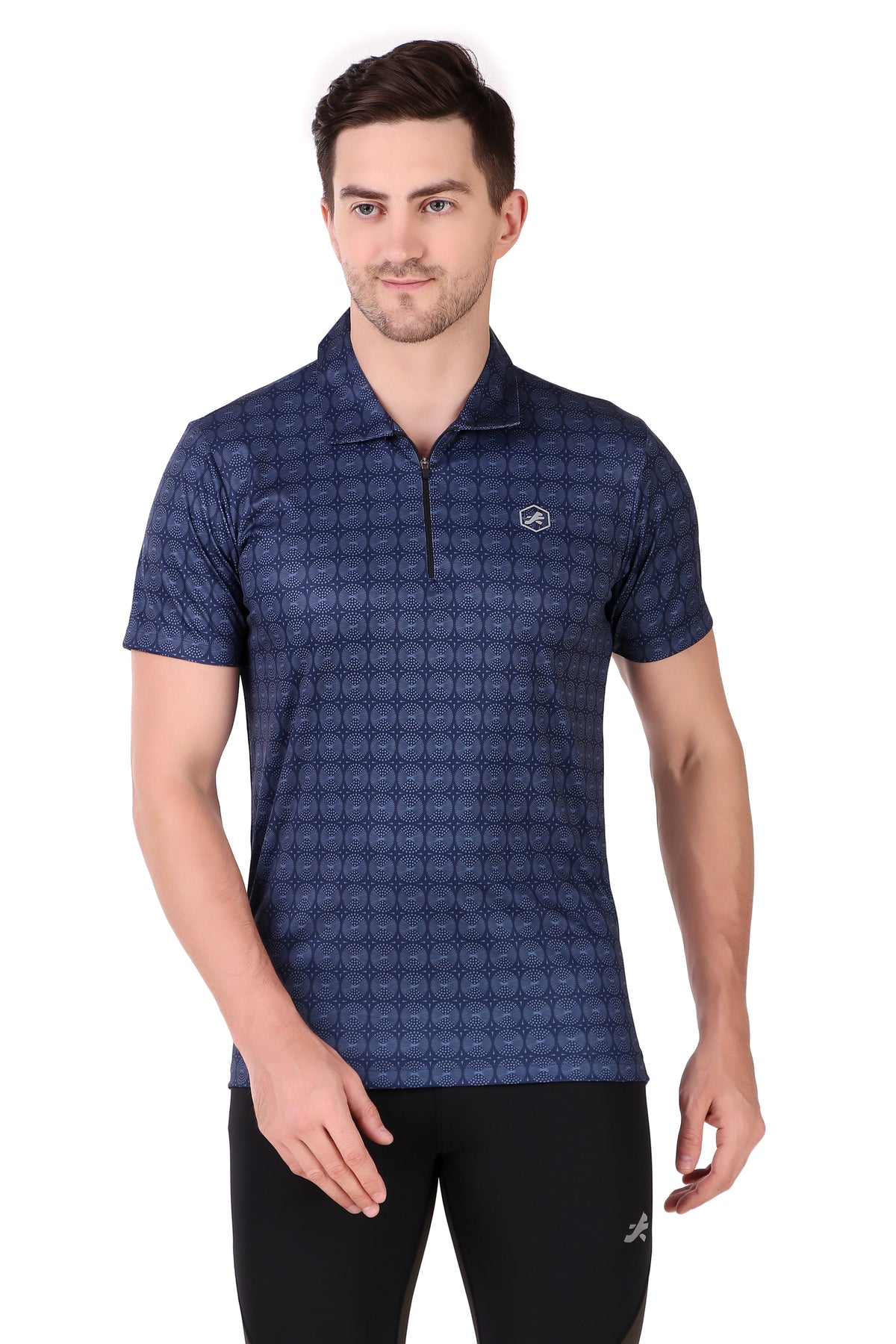Performance Polo Zip Collar Tshirt For Men (Navy Pattern)