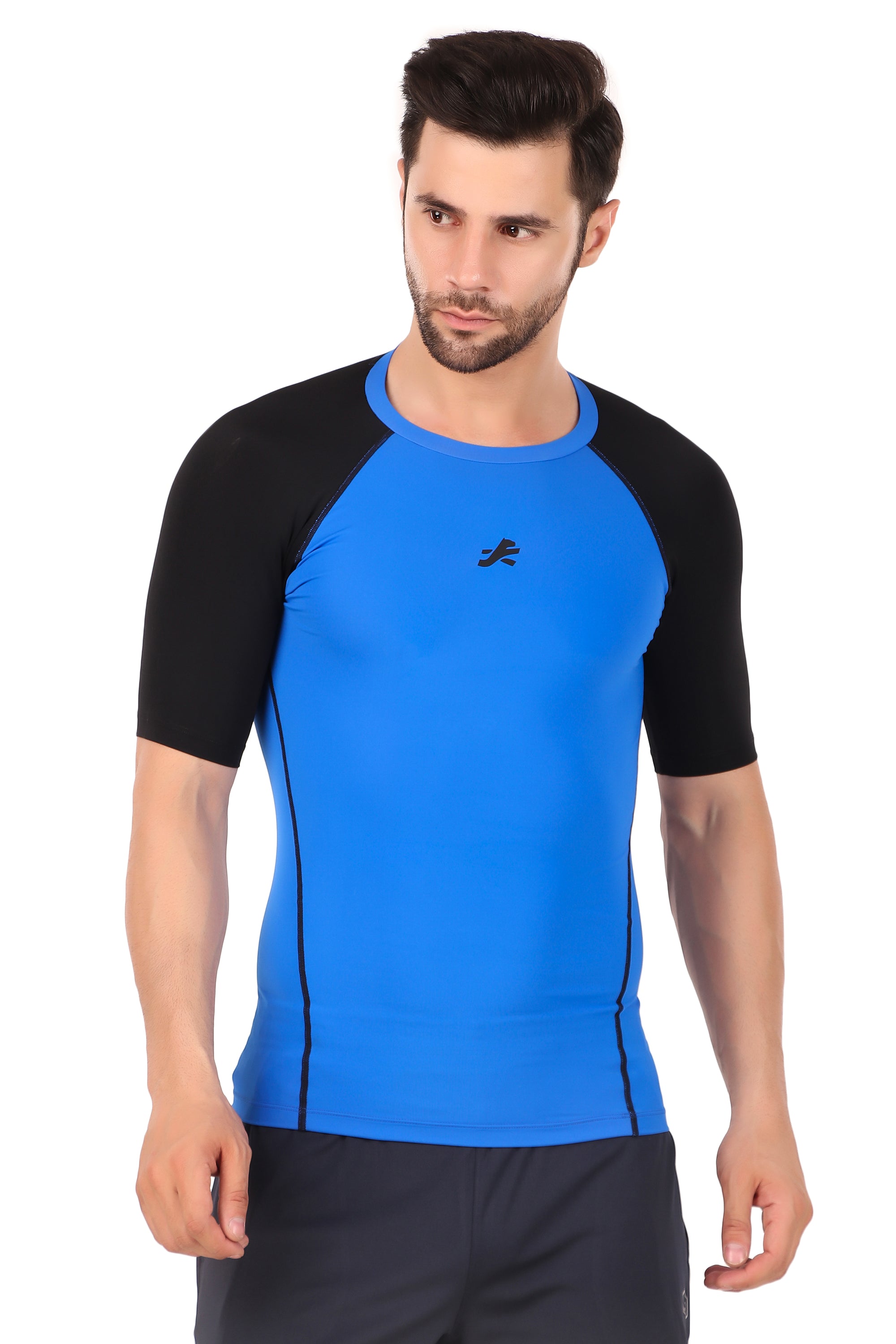 Nylon Compression Tshirt Half Sleeve Tights For Men (Royal Blue/Black)