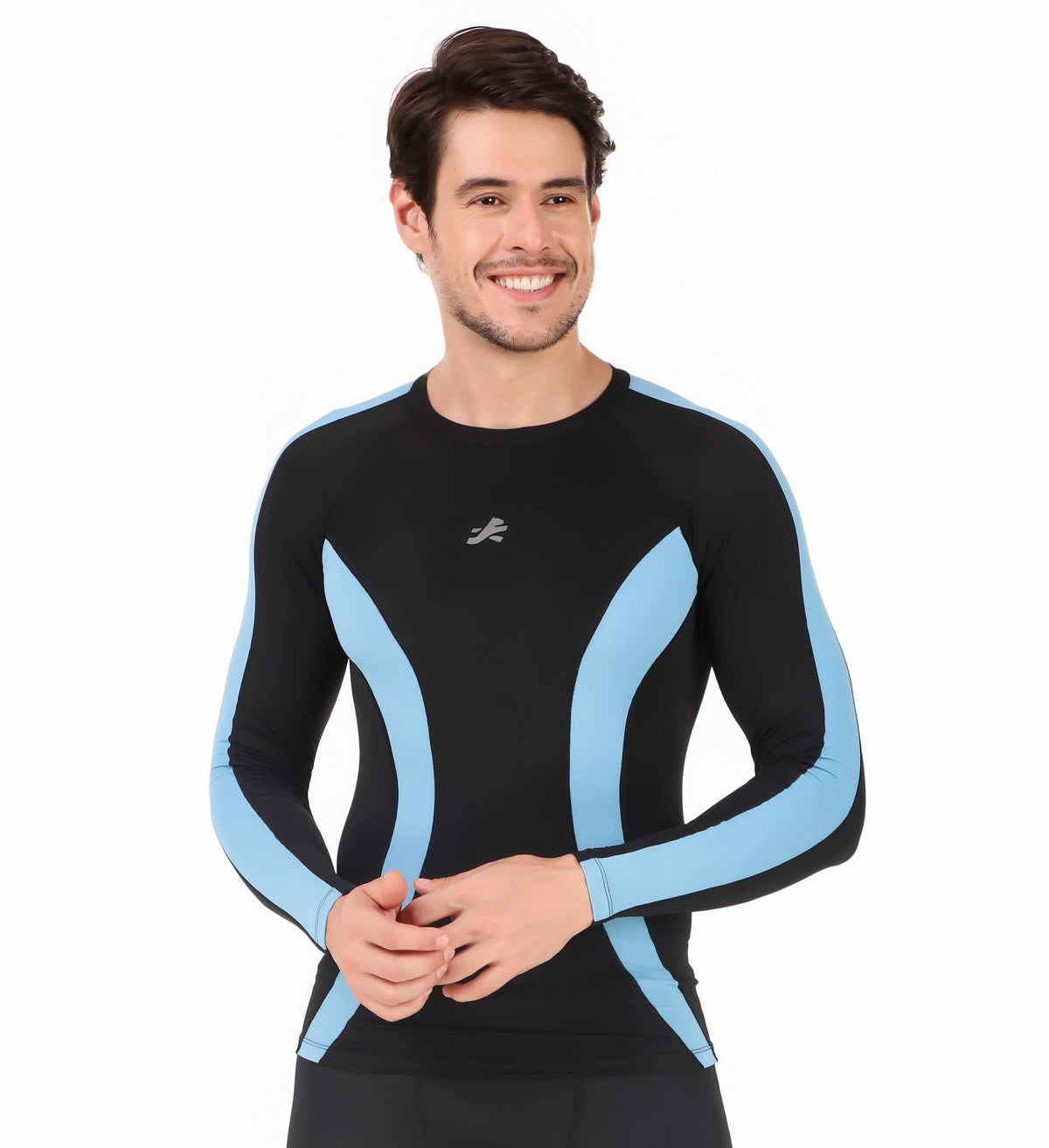 Nylon DC Compression Tshirt Fullsleeves Tights For Men (Black/Aqua)