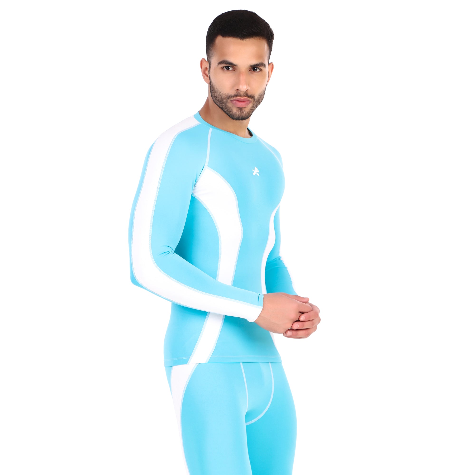 Men's Polyester Compression Tshirt Full Sleeve Tights (Aqua/White)