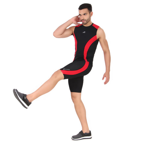 Nylon DC Compression Tshirt Cutsleeves Tights For Men (Black/Red)