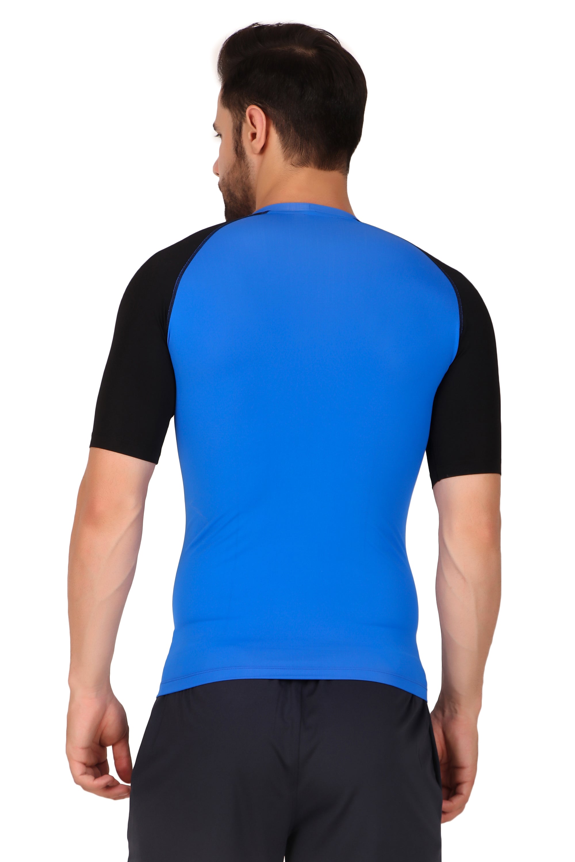 Nylon Compression Tshirt Half Sleeve Tights For Men (Royal Blue/Black)