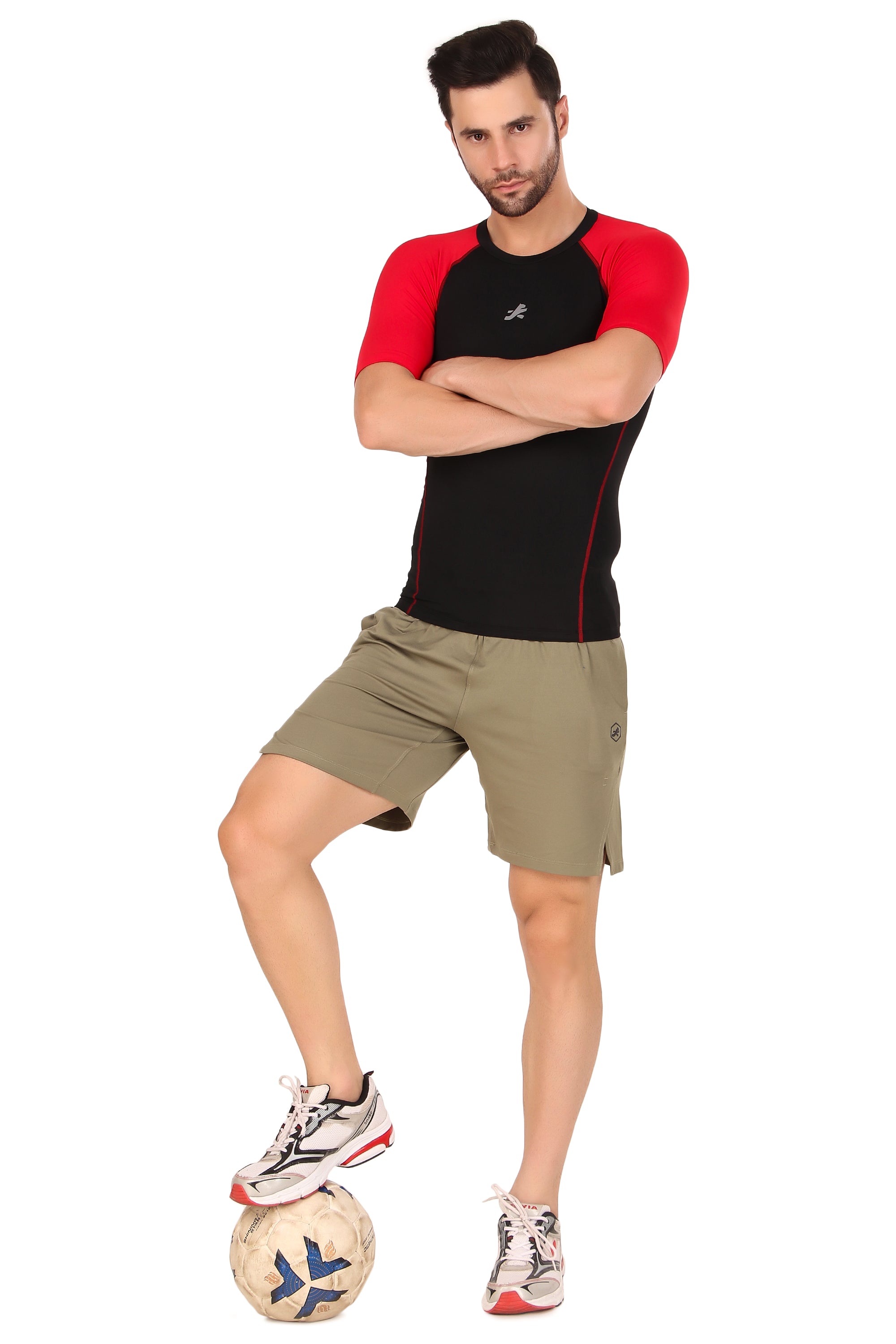 Nylon Compression Tshirt Half Sleeve Tights For Men (Black/Red)