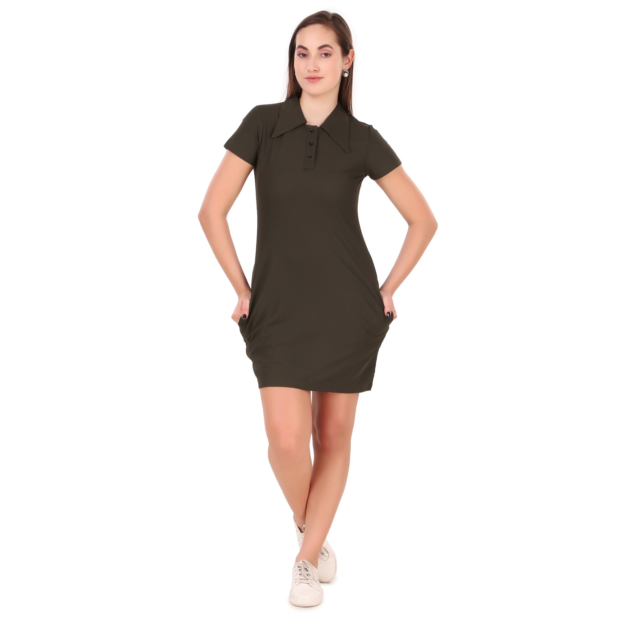 Activewear Collar Neck Dress For Women (Olive)
