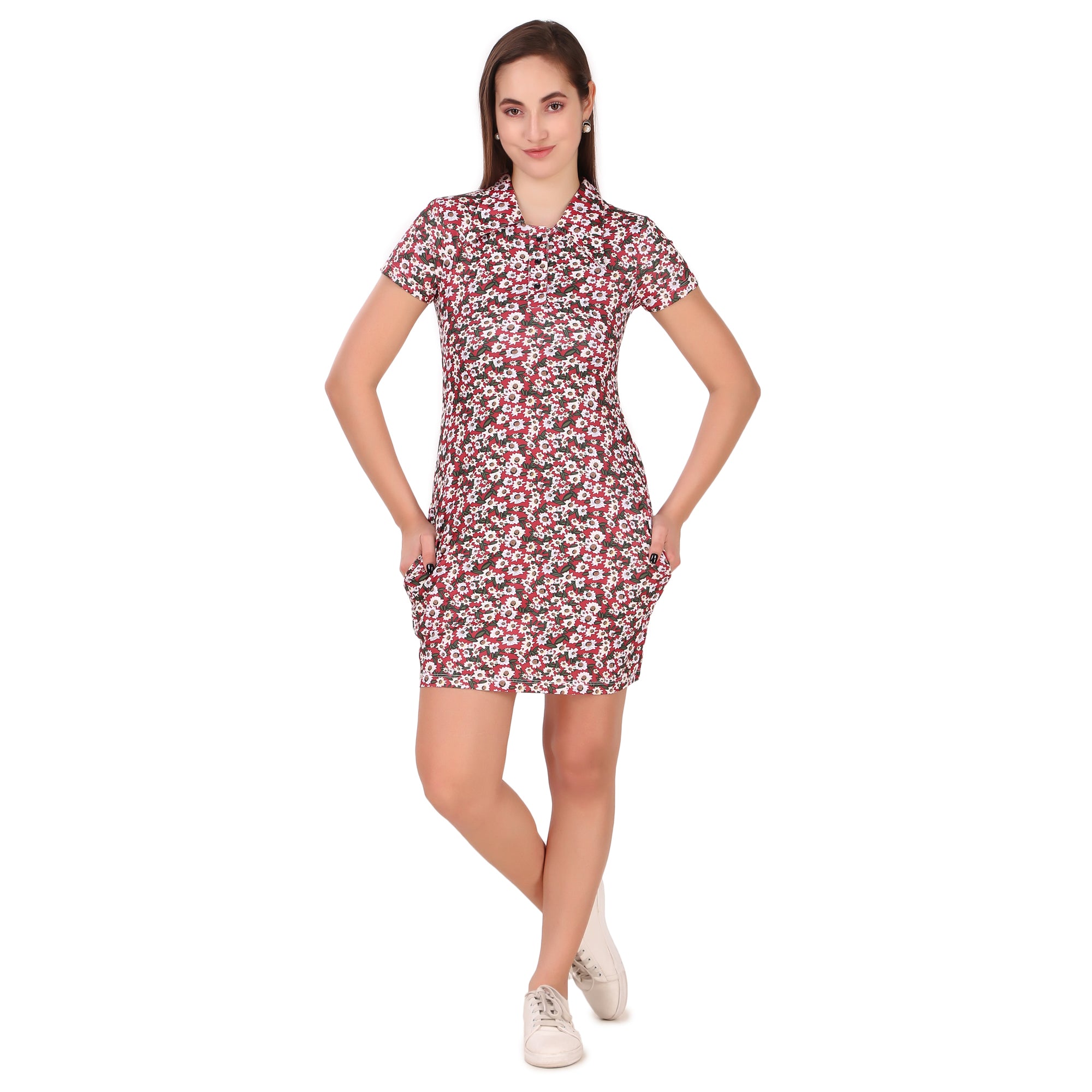 Activewear Collar Neck Dress For Women (Red Floral)