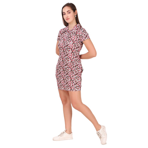 Activewear Collar Neck Dress For Women (Red Floral)