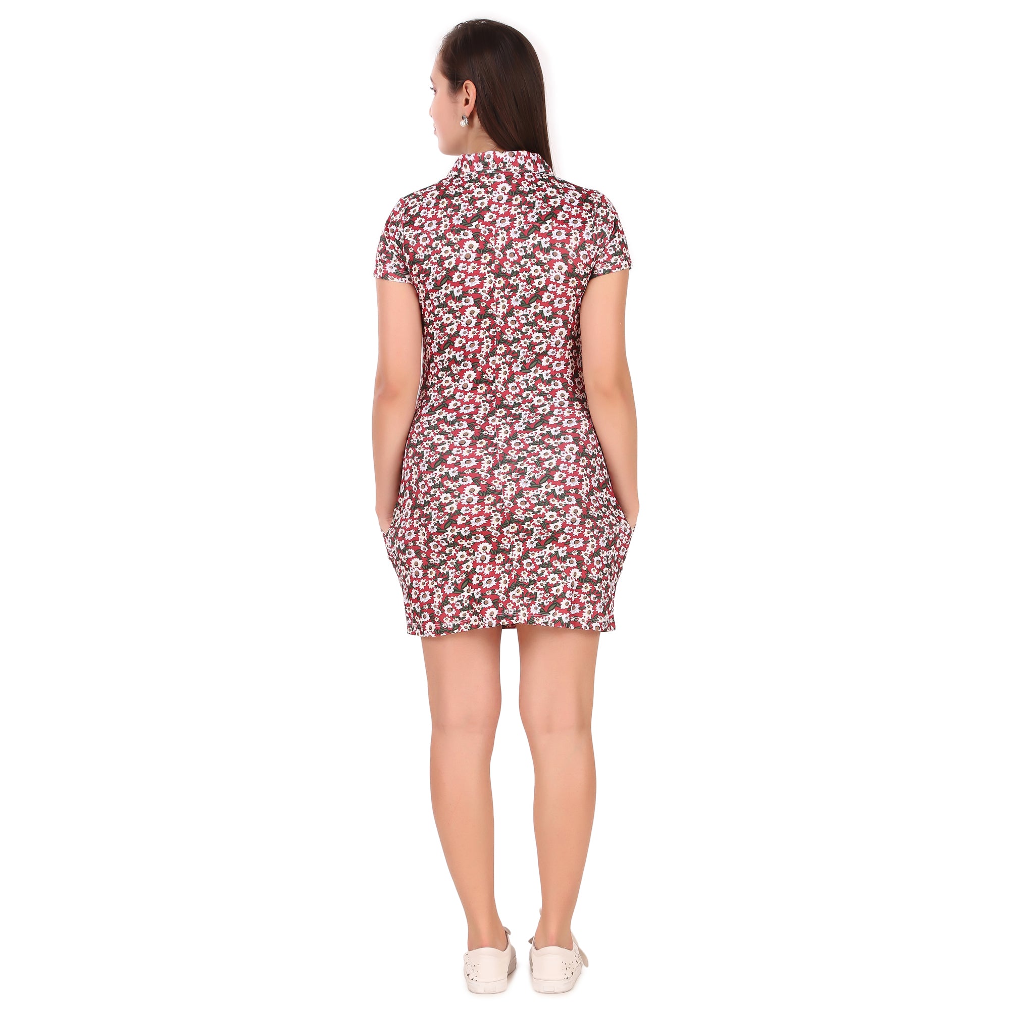 Activewear Collar Neck Dress For Women (Red Floral)