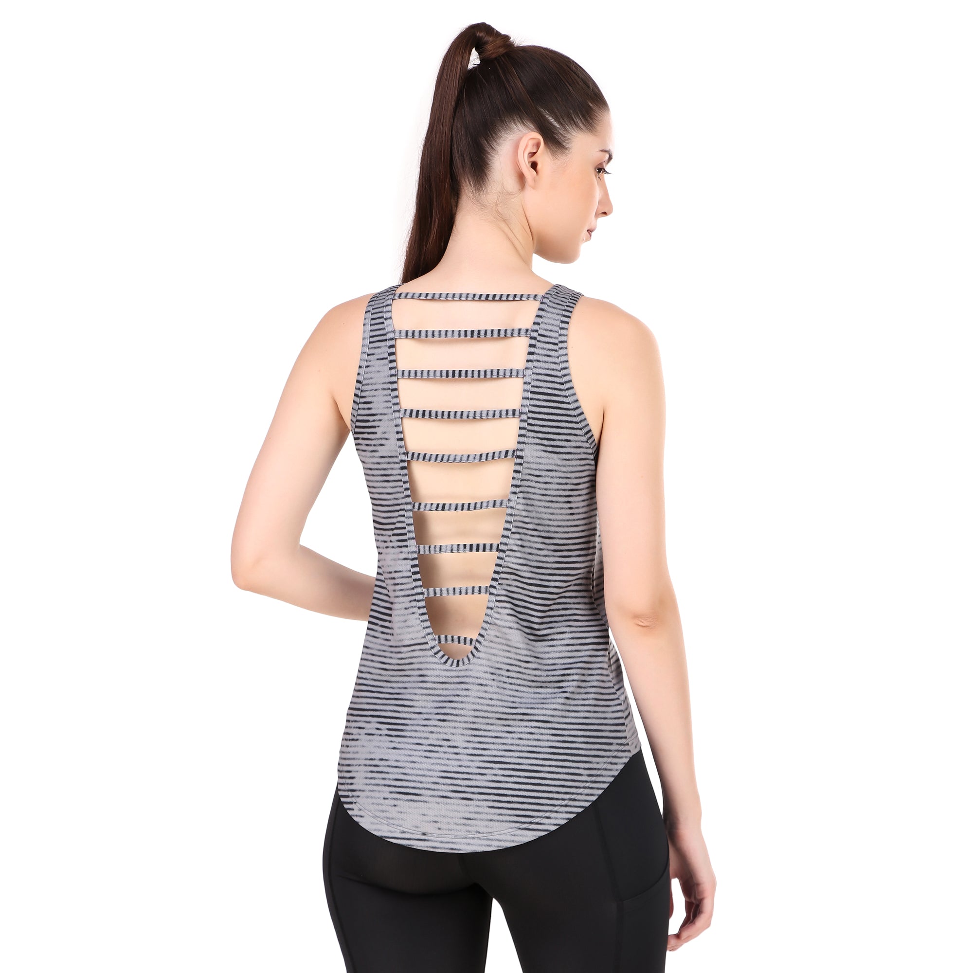 Chic Back Cut Sleeveless Tshirt For Women (Abstract Grey)