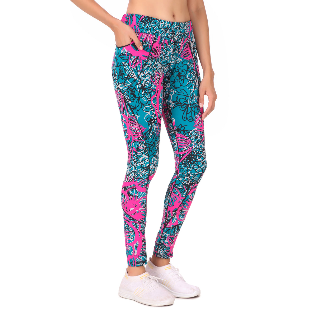 Gym Yoga Running Legging For Women Zip Pocket (Teal/pink)