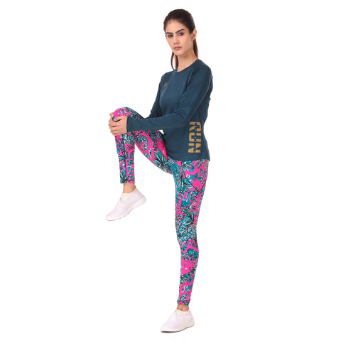 Gym Yoga Running Legging For Women Zip Pocket (Teal/pink)
